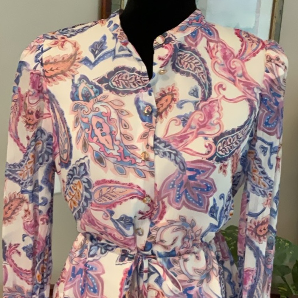 Milly - Paisley Long-Sleeve Chiffon Tie-Waist Dress in Pink & Blue - Picture 2 of 6